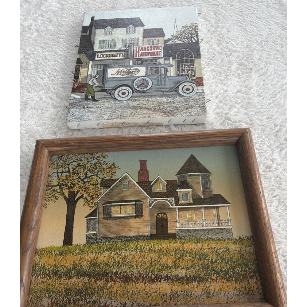 Home Sweet Home Lot Serigraph Painting Signed H Hargrove 8x10 Americana Folk